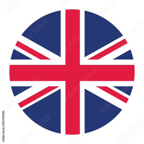 Flag of the United Kingdom in a circle shape. British national emblem in blue, red, and white.