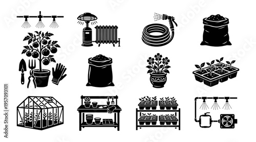 Gardening and greenhouse equipments icon set featuring plants tools in black silhouette