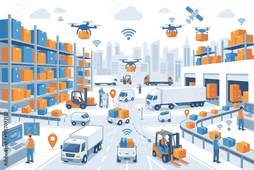 Smart logistics and automated warehouse concept with delivery trucks drones and forklifts for supply chain management