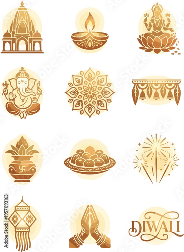 Flat lay of various Diwali festival icons and symbols in gold tones on a white background.