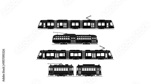 City Tram Silhouette Vector Set Modern Streetcar and Vintage Trolley Side Profiles for Urban Transit and Travel Branding