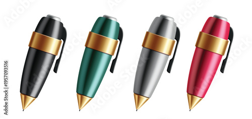 Ballpen 3d School elements clipart set. 3d Ballpen, Pen and Fountain Pen clip art in metallic, glossy and shiny cute collection school elements in white background vector illustration. 
