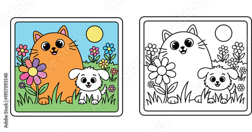 Adorable Cartoon Cat and Dog Friends in a Sunny Flower Garden - Cheerful Animal Companionship Scene