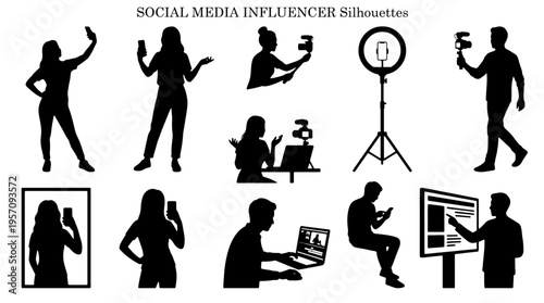 Vector silhouettes of people set social media influencer.