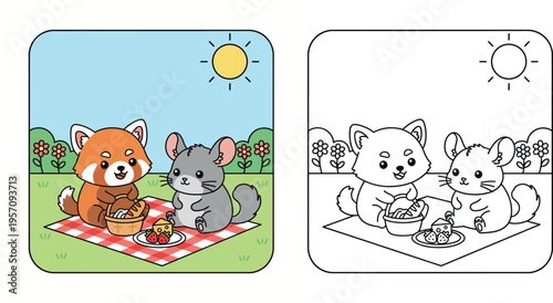 Cute Cartoon Red Panda and Chinchilla Enjoying a Picnic in a Sunny Meadow - Animal