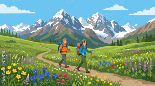 Two hikers with backpacks and poles walk along a dirt path through a vibrant meadow of wildflowers, with majestic snow-capped mountains in the background under a blue sky.