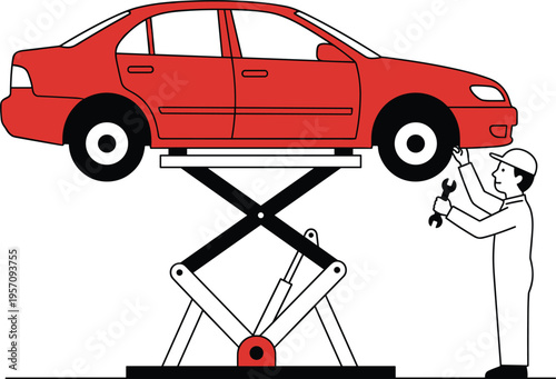 Mechanic working on a red car raised on a scissor lift platform in an auto repair workshop.