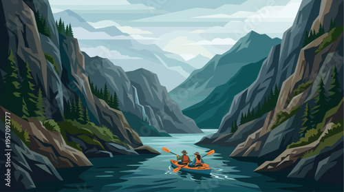 Two people paddle a kayak through a tranquil river canyon surrounded by majestic mountains and lush evergreen trees, evoking a sense of adventure and peace.