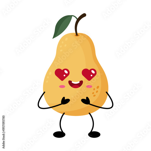 Cute love pear fruit. Cheerful fruit character expressing affection and warmth in sticker style
