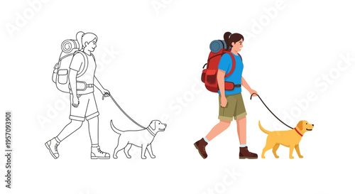 Woman walking a dog while carrying a large backpack shown in color and outline