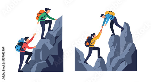 Teamwork and support hikers assisting each other on rocky mountains