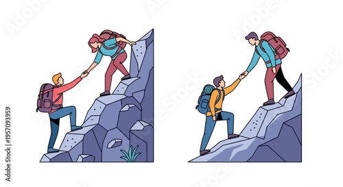 Obraz na płótnie Teamwork and support people helping each other climb a rocky hill