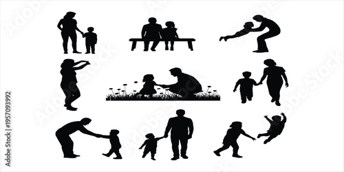 Silhouettes of parents and children in diverse family moments on white background mother father