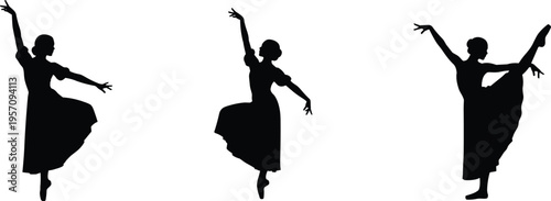 Ballet dancer silhouettes in graceful poses, balance, flexibility, artistic motion, props, expressive dance performance vector illustration design