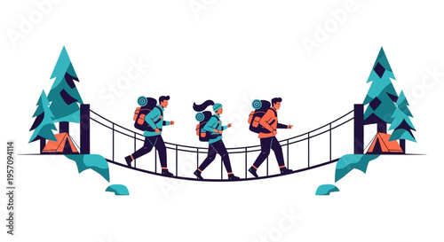 Three hikers traverse a rope bridge amidst stylized evergreen trees