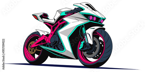 A fast red and black sport motorbike with chrome wheels and a powerful engine is isolated on a white background for transport and speed.