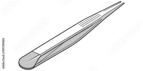 Shiny silver metal ballpoint pen and stainless steel surgical instrument isolated on a white background as a sharp macro medical object.