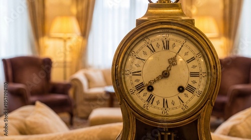 Vintage clock in a luxurious living room with warm lighting and comfortable furniture