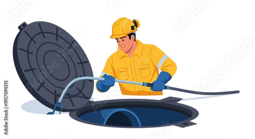 Worker inspecting a manhole with a camera on a flexible pole