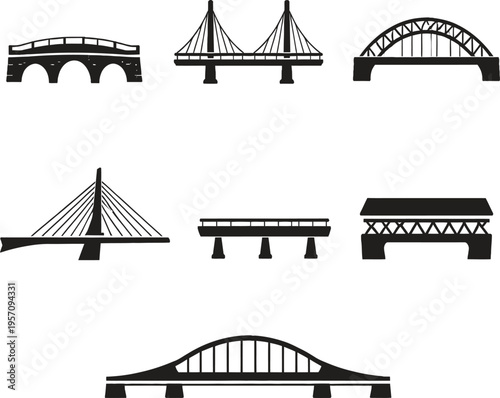 Collection of different bridge silhouettes on transparent background representing various architectural styles