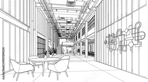 Modern Industrial Office Interior Design Sketch Featuring Open Workspace Ceiling Pipes Furniture And Abstract Wall Art Vector