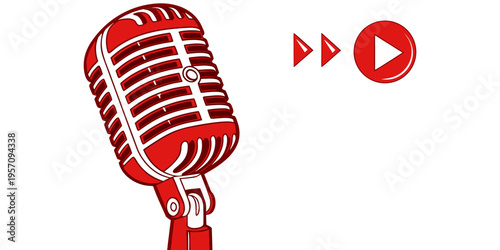 A vintage red and silver professional studio microphone isolated on a white background for radio and music recording.