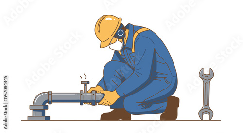 Construction worker repairs a pipe with a wrench wearing safety gear