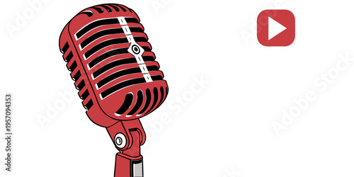 A professional chrome retro microphone stands as an isolated vintage object on a white background, perfect for classic radio studio recording and musical audio performances.