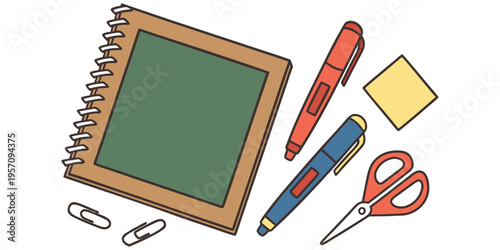 Empty green chalkboard frame in a classroom setting with wooden stationery and pencils for a back to school concept.