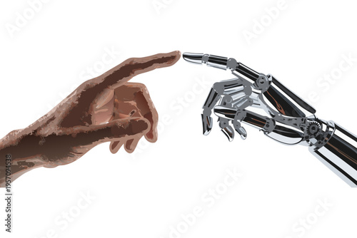 An old metal skeleton key and a 3d robot skeleton are isolated on a white background as steel tool objects with black pipe equipment.