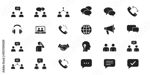 A professional vector icon set featuring human people, food symbols, business signs, and web computer illustrations in a black style for internet website or phone apps.