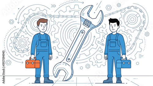 Professional service technicians standing with toolboxes next to large wrench and industrial gear chain background vector.