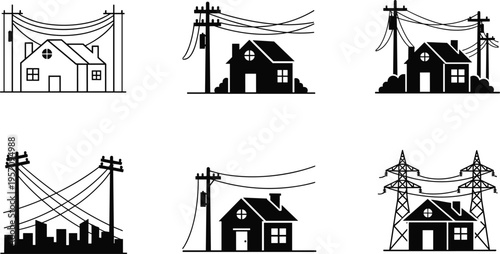 Black and white illustration of residential houses, cityscape, and electrical power lines with utility poles and transmission towers showing diverse energy distribution infrastructure
