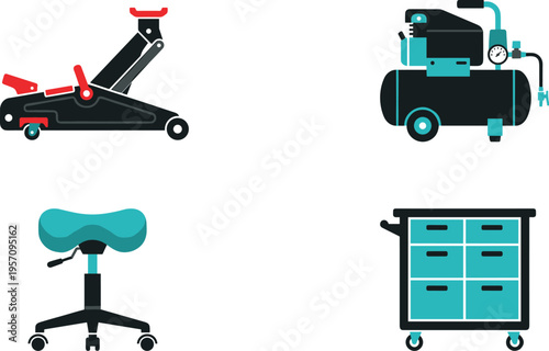 Set of professional garage equipment including floor jack air compressor rolling tool chest and ergonomic workshop stool.
