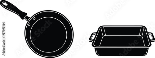 Black kitchen cookware silhouettes featuring frying pan and baking tray isolated on white background, minimal vector illustration for cooking, utensils, kitchenware, and food preparation concepts