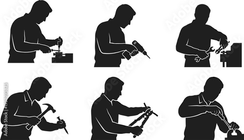 Handyman and worker silhouettes set, man using tools for repair, construction carpenter icons, black vector collection for DIY and maintenance,