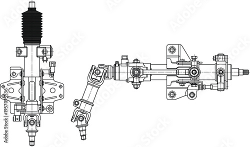 Technical blueprint illustration of an automotive steering column assembly with universal joint and rack components vector.