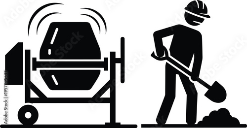 Black silhouette of a busy construction site with high-rise building frames, heavy machinery excavators, a tall tower crane, and a group of workers.