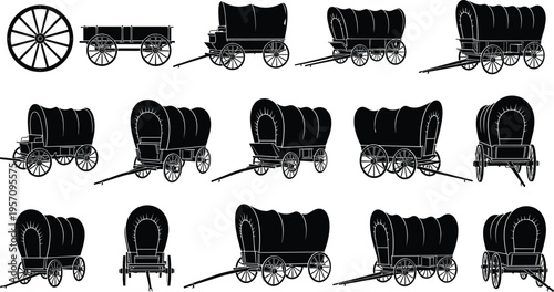 Black silhouette collection of vintage covered wagons prairie schooners and wooden wheels isolated on white background for western pioneer history and frontier transport designs.