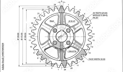 Technical engineering drawing of a industrial steel spur gear with precise measurements and 24 teeth detailed blueprint.