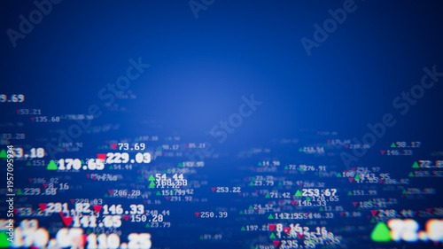 Digital stock market numbers with a high tech modern data board showing financial statistics.