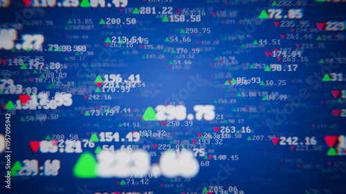 Changing stock market ticker numbers with prices and indexes on a blue financial background.