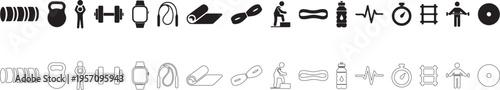 Home fitness and equipment. Workout tools. Vector icon set.