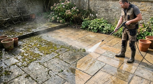 Man power washing the stone patio creating a before and after visuals