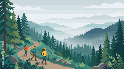 Three backpackers trek along a winding dirt path through a dense pine forest, with layers of misty mountains in the background.