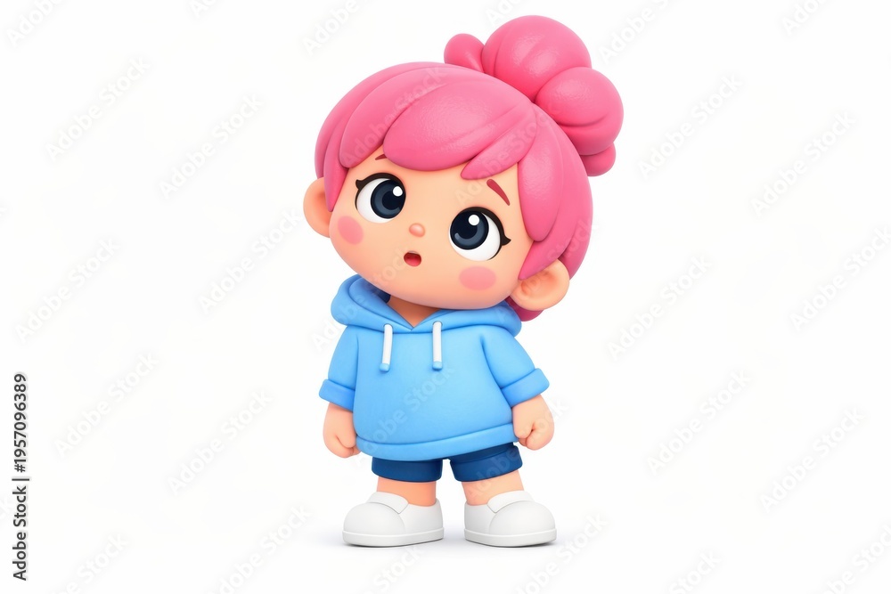 Fototapeta premium Cute cartoon girl with pink hair and blue hoodie looking curious