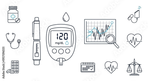 Diabetes Management Icons and Medical Equipment Set
