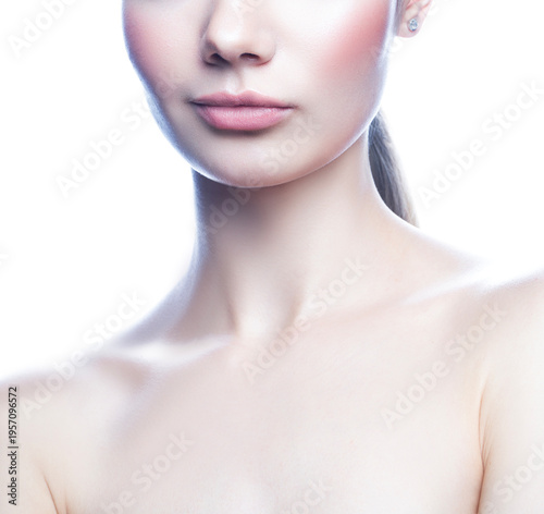 beautiful caucasian woman isolated on white background. Nude makeup