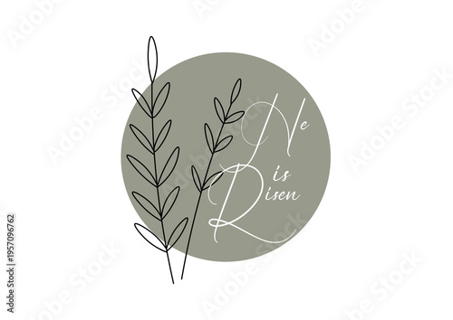 He is Risen lettering with a botanical branch on a green circle background. Christian holiday typography on transparent background. Isolated PNG.