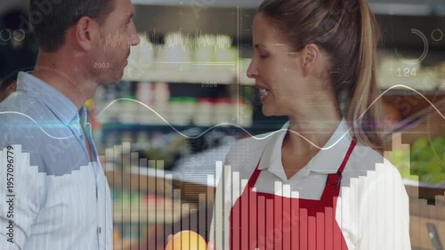 Grocery clerk picking second citrus after customer gesturing, comparing color size, charts tracking
